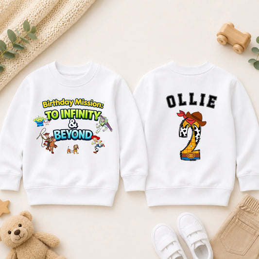 Personalised Toy Story Birthday Sweatshirt for Boys - Custom Name & Age with Choose Buzz, Woody or Jessie Back Number AishaBaileyDesigns