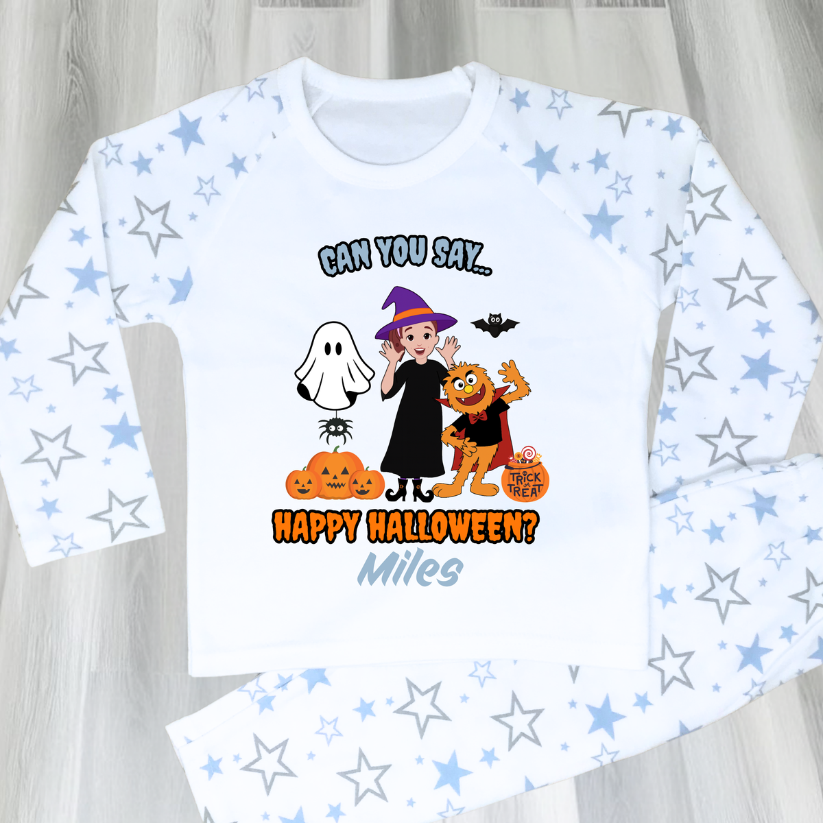 Boys Personalised Ms Rachel Halloween Pyjamas with name print and cute spooky design