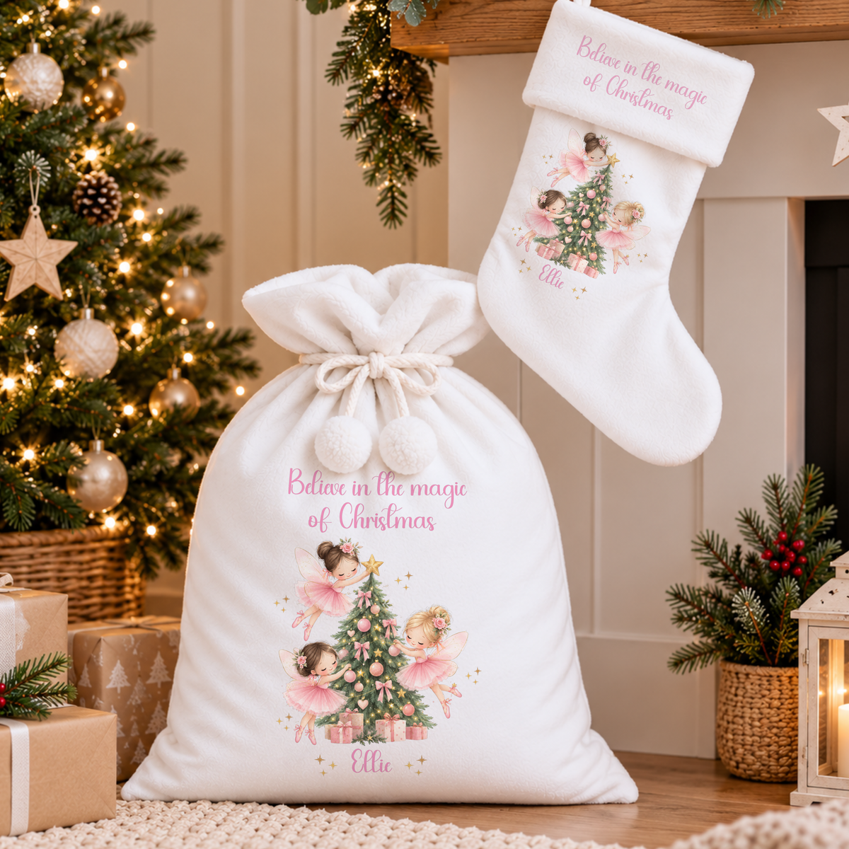 Personalised Christmas Stocking and Sack with pink Christmas fairies, festive tree and custom child’s name, available individually or as a matching set.