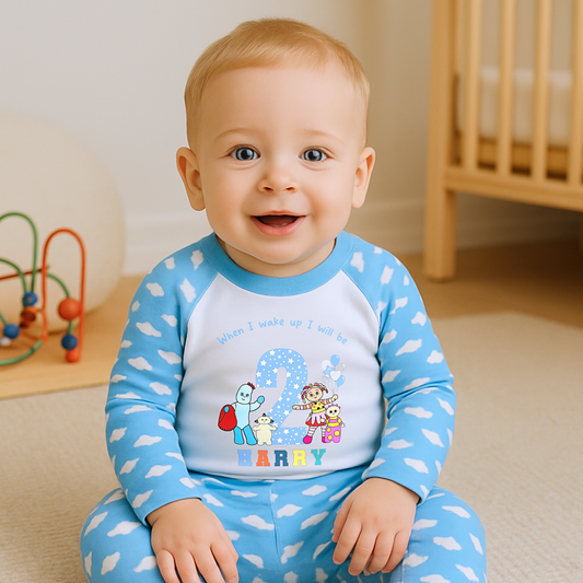 Baby wearing In the Night Garden birthday pyjamas, when i wake up in the night garden, kids cbeebies pajamas, birthday pjs, iggle piggle pjs, upsy daisy pjs
