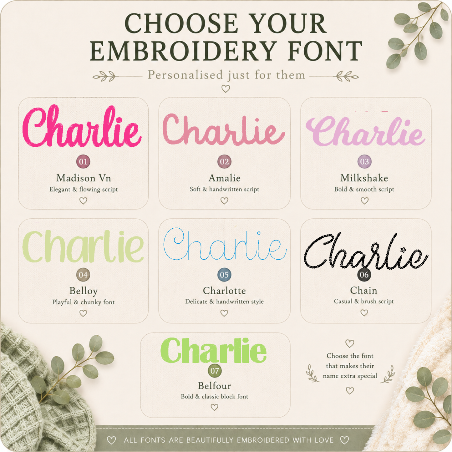 A promotional graphic showing eight embroidery font style options labeled Charlie in different colors, arranged in a grid on a cream background with decorative leaves and soft fabric textures.