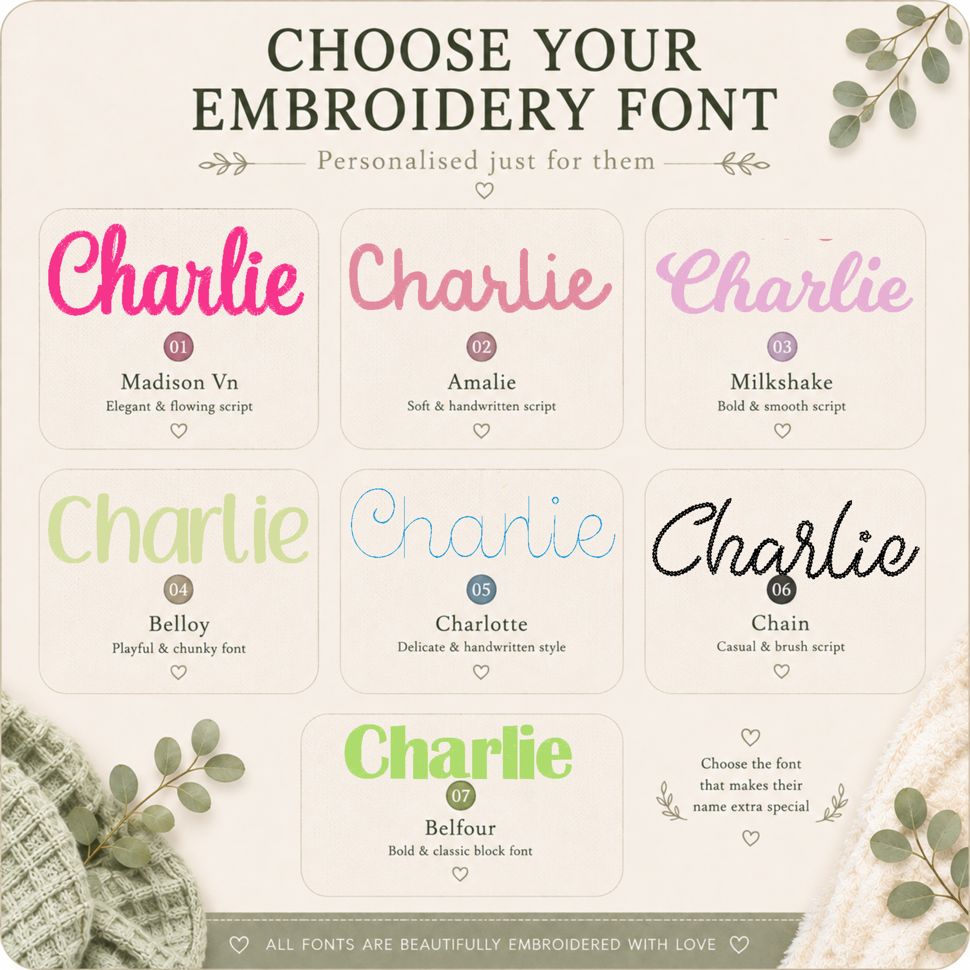 A promotional graphic showing eight embroidery font style options labeled Charlie in different colors, arranged in a grid on a cream background with decorative leaves and soft fabric textures.