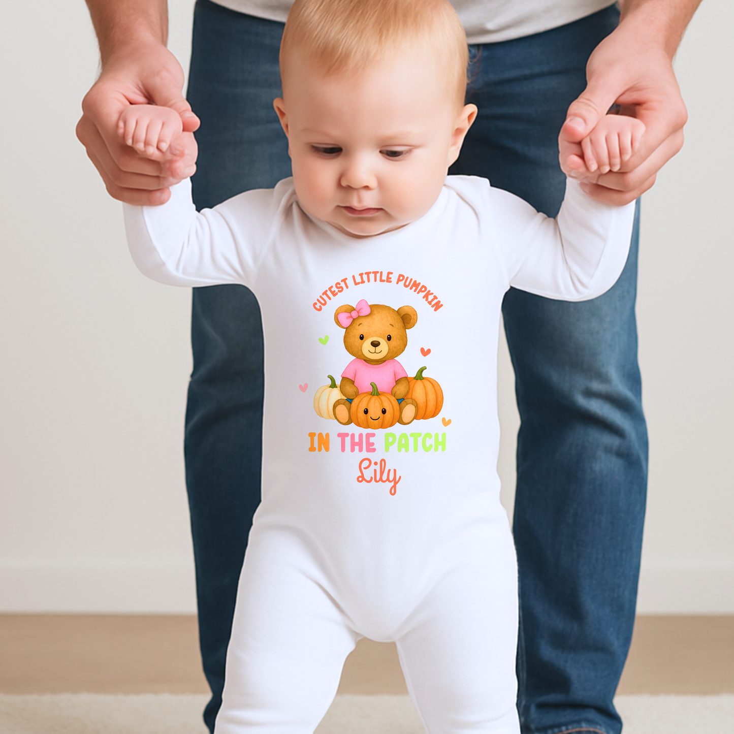 First Halloween Outfit: Personalised Halloween baby bib, romper, vest or t-shirt with teddy bear “Cutest Pumpkin in the Patch” design.