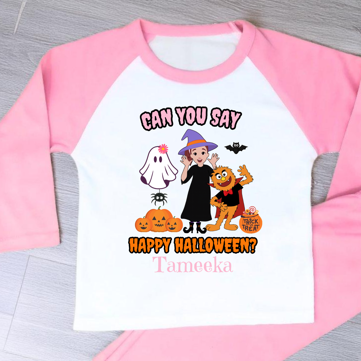 Girls personalised Ms Rachel Halloween pyjamas with “Can You Say Happy Halloween?” design and child’s name