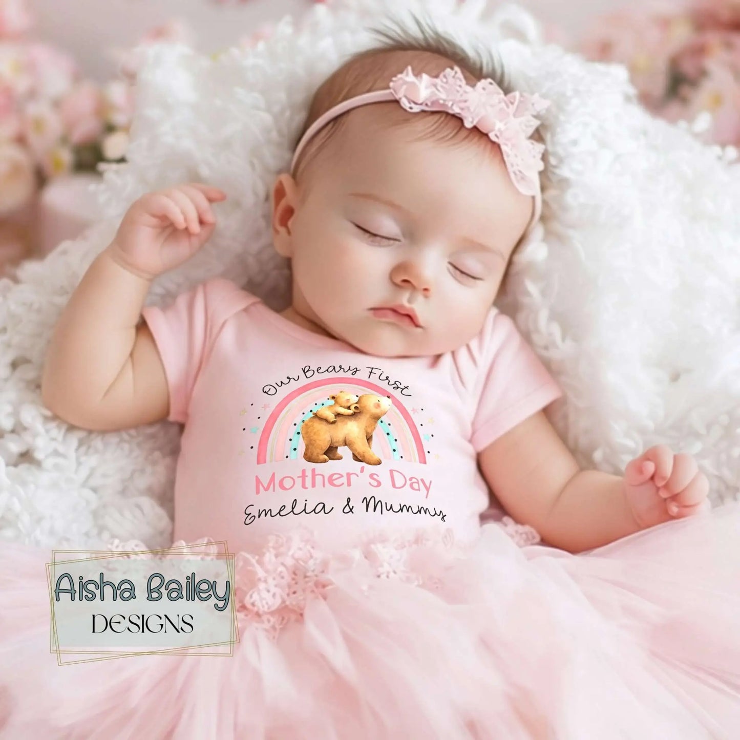 Personalised 1st Mother’s Day sleepsuit with Our Beary First Mother’s Day bear and rainbow design, custom baby girl name gift for First mothers day keepsake