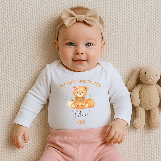 Personalised First Halloween Outfit for baby girl with teddy and pumpkin design, customised with baby name.