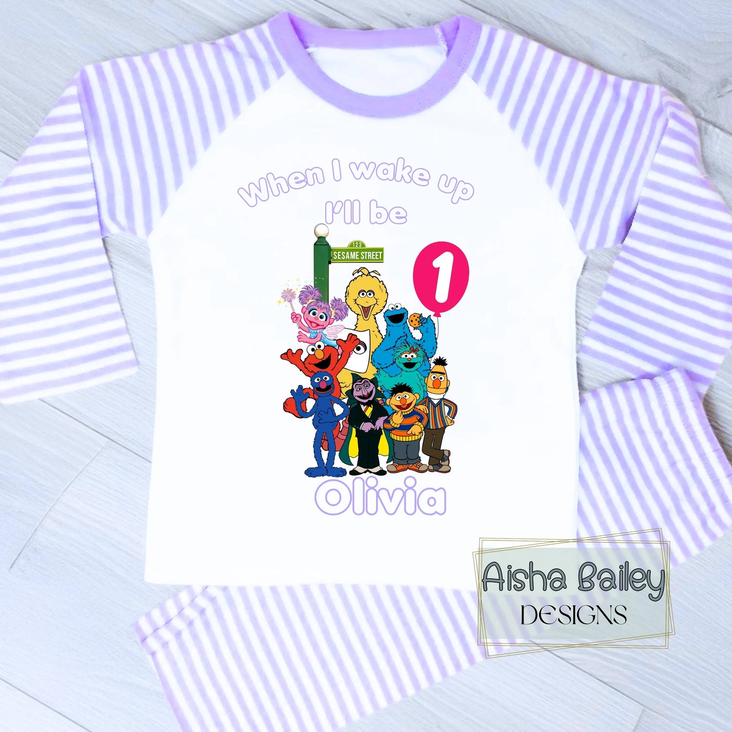 Personalised Sesame Street birthday pyjamas for Girls AishaBaileyDesigns