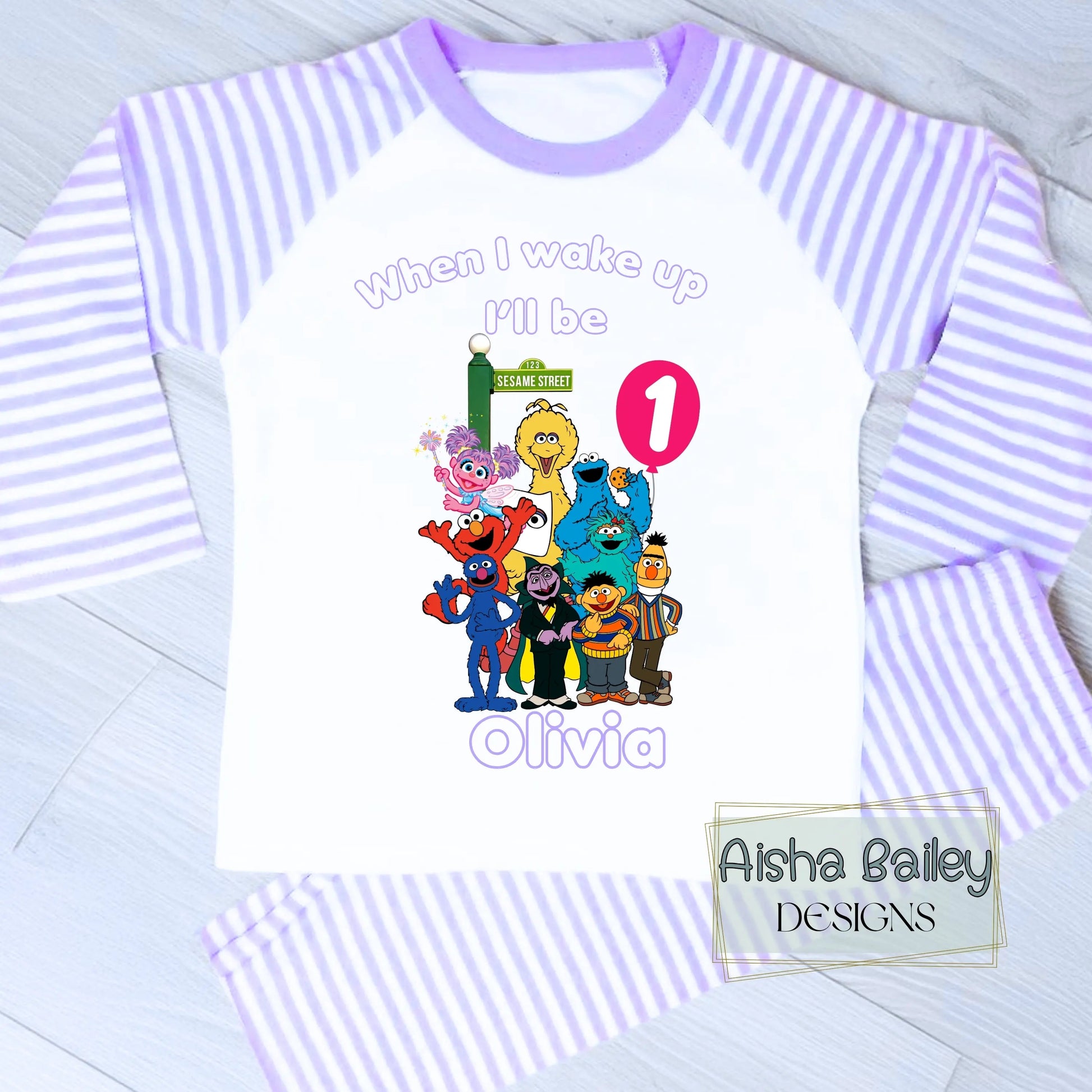 Personalised Sesame Street birthday pyjamas for Girls AishaBaileyDesigns