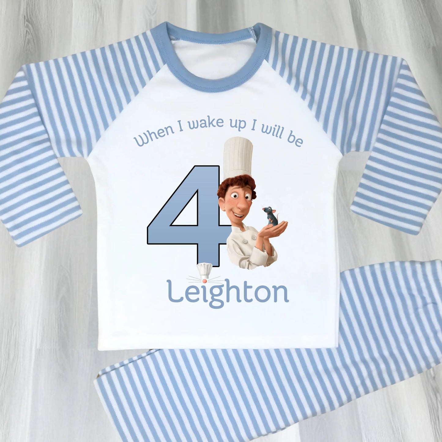 Ratatouille birthday pyjamas: Blue and white personalised birthday pyjamas with ratatouille character with name and age for boys