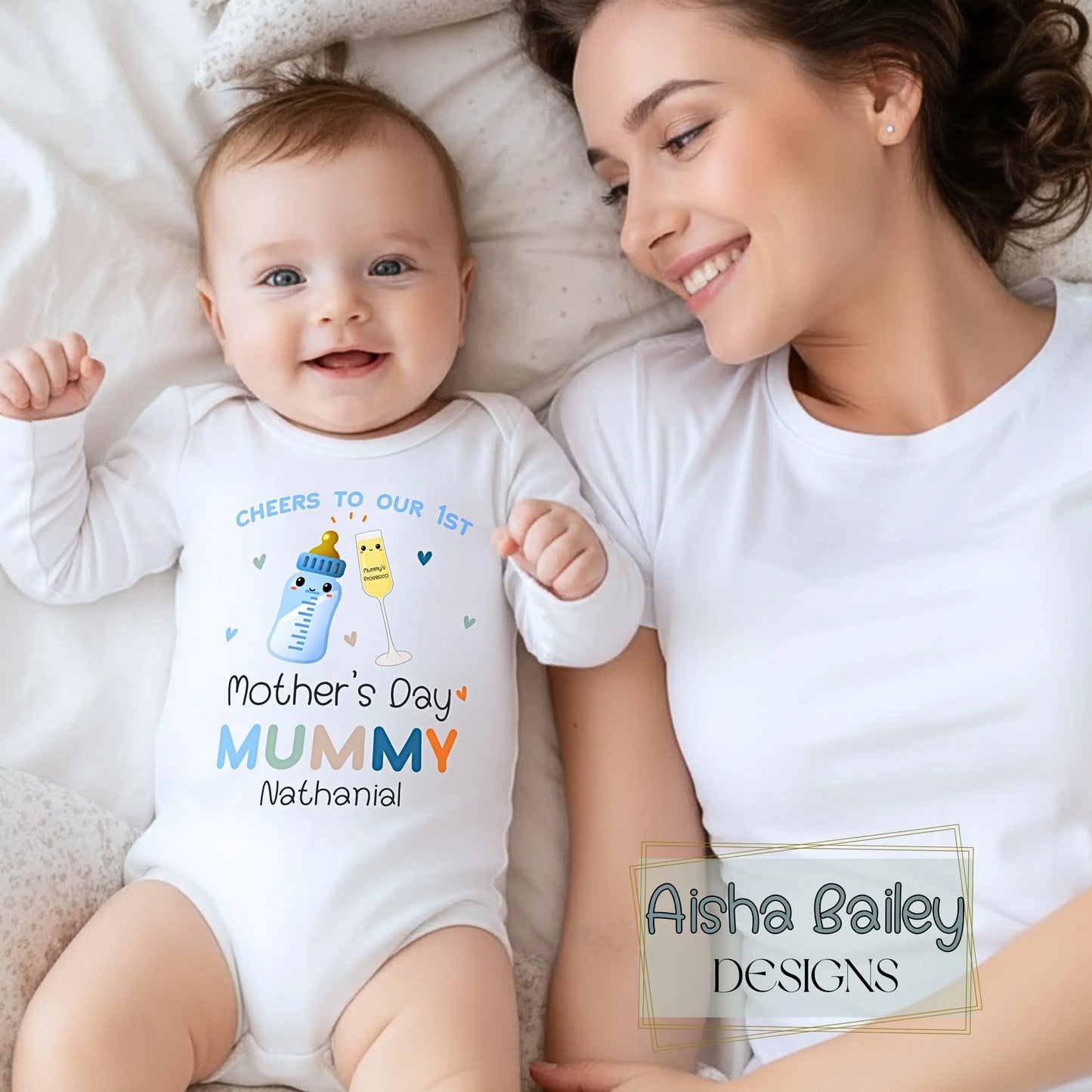 Personalised First Mothers Day baby boy sleepsuit with mummy and baby drink toast design, custom name Mother’s Day outfit keepsake gift