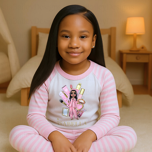 Girls makeup pyjamas, custom name pyjamas, pamper pyjamas, spa day nightwear, makeup dolly design, plouise pyjamas girl