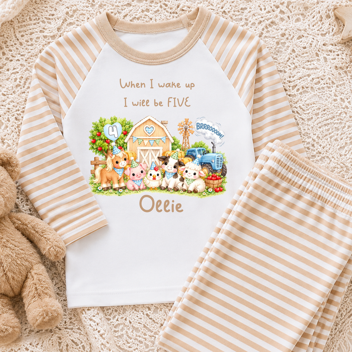 Personalised Farm Animal Birthday Pyjamas with cute watercolour farm animals, blue tractor, child's name and age. Sage green, beige or baby blue stripes.