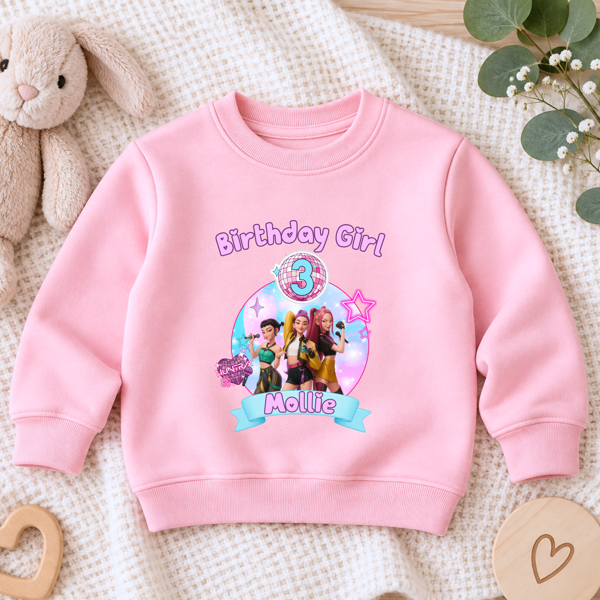 Personalised Demon Hunters Birthday Sweatshirt for Girls, pink K-pop birthday jumper with pink design, custom name Mollie and age3.