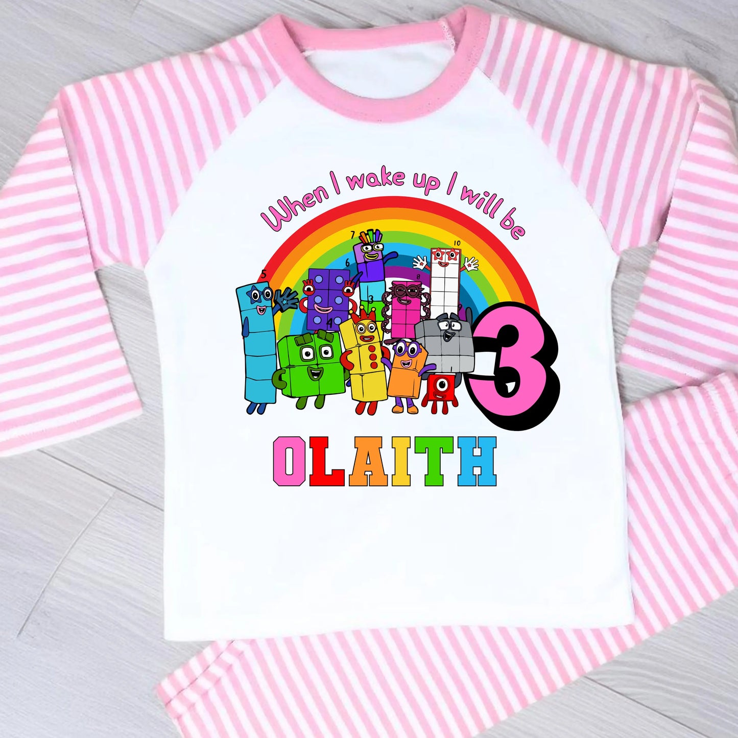 Numberblocks birthday pyjamas for girls personalised with name and age
Personalised girls birthday eve pyjamas featuring Numberblocks characters
Milestone birthday pyjama set with custom name and age