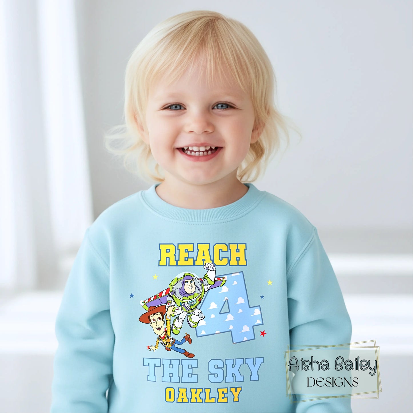 Personalised Toy Story birthday sweatshirt for boys 4th birthday with custom name reach 4 the sky design cosy jumper