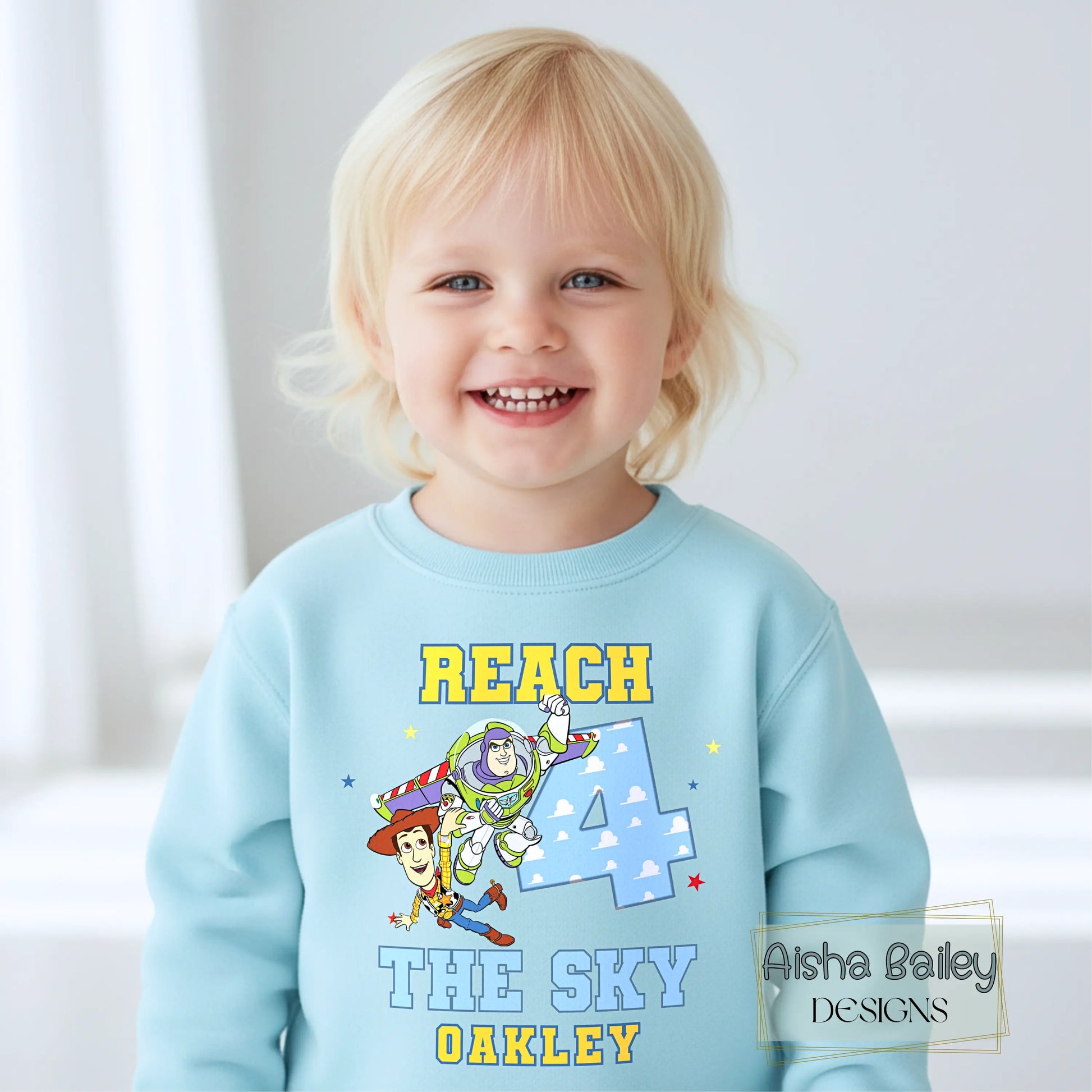 Personalised Toy Story birthday sweatshirt for boys 4th birthday with custom name reach 4 the sky design cosy jumper