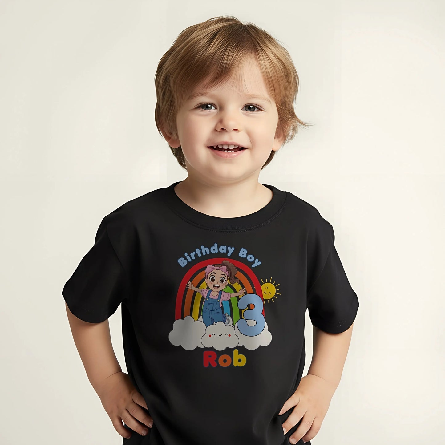 Ms Rachel birthday boy t-shirt: Personalised Ms Rachel birthday boy t-shirt with rainbow, number and name