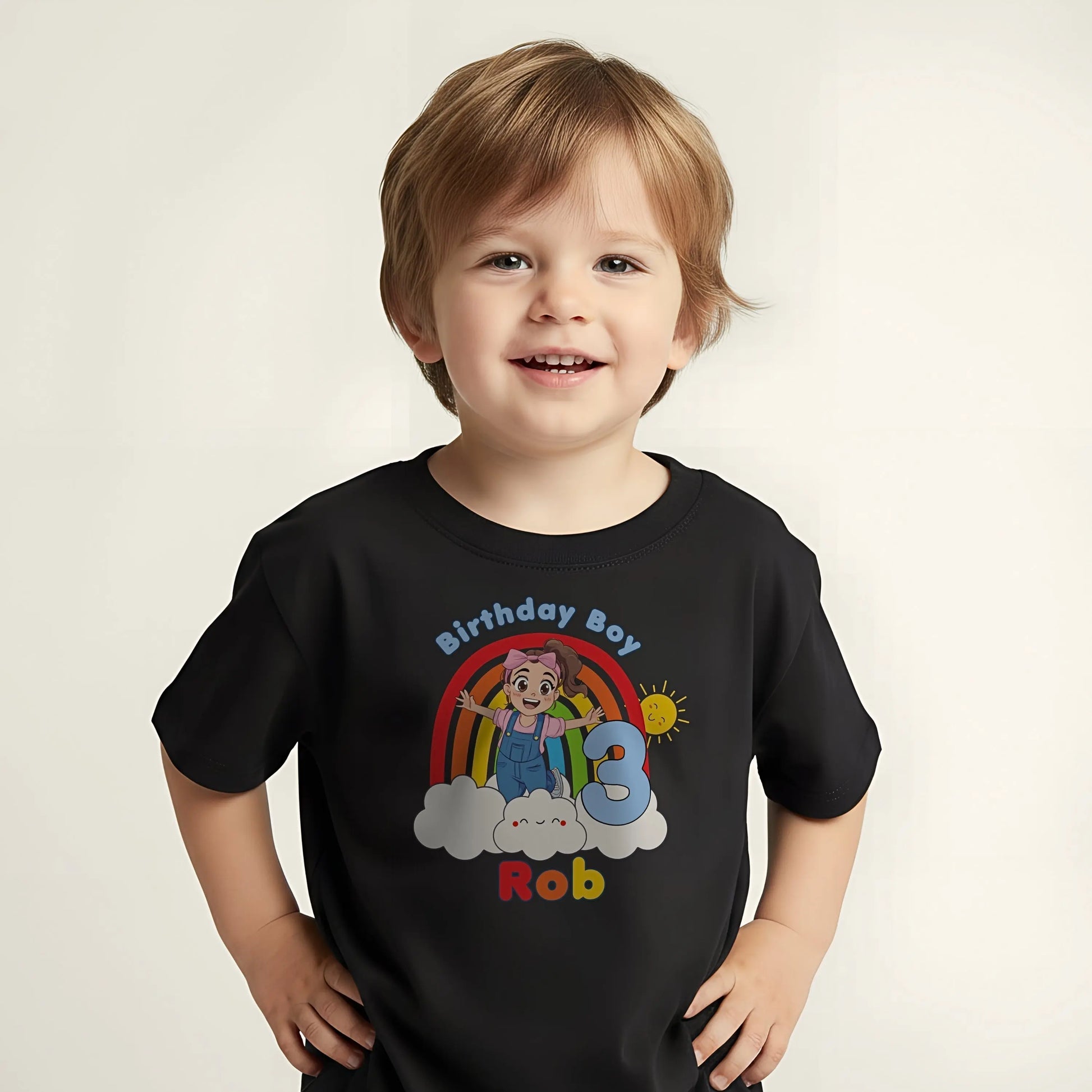 Ms Rachel birthday boy t-shirt: Personalised Ms Rachel birthday boy t-shirt with rainbow, number and name