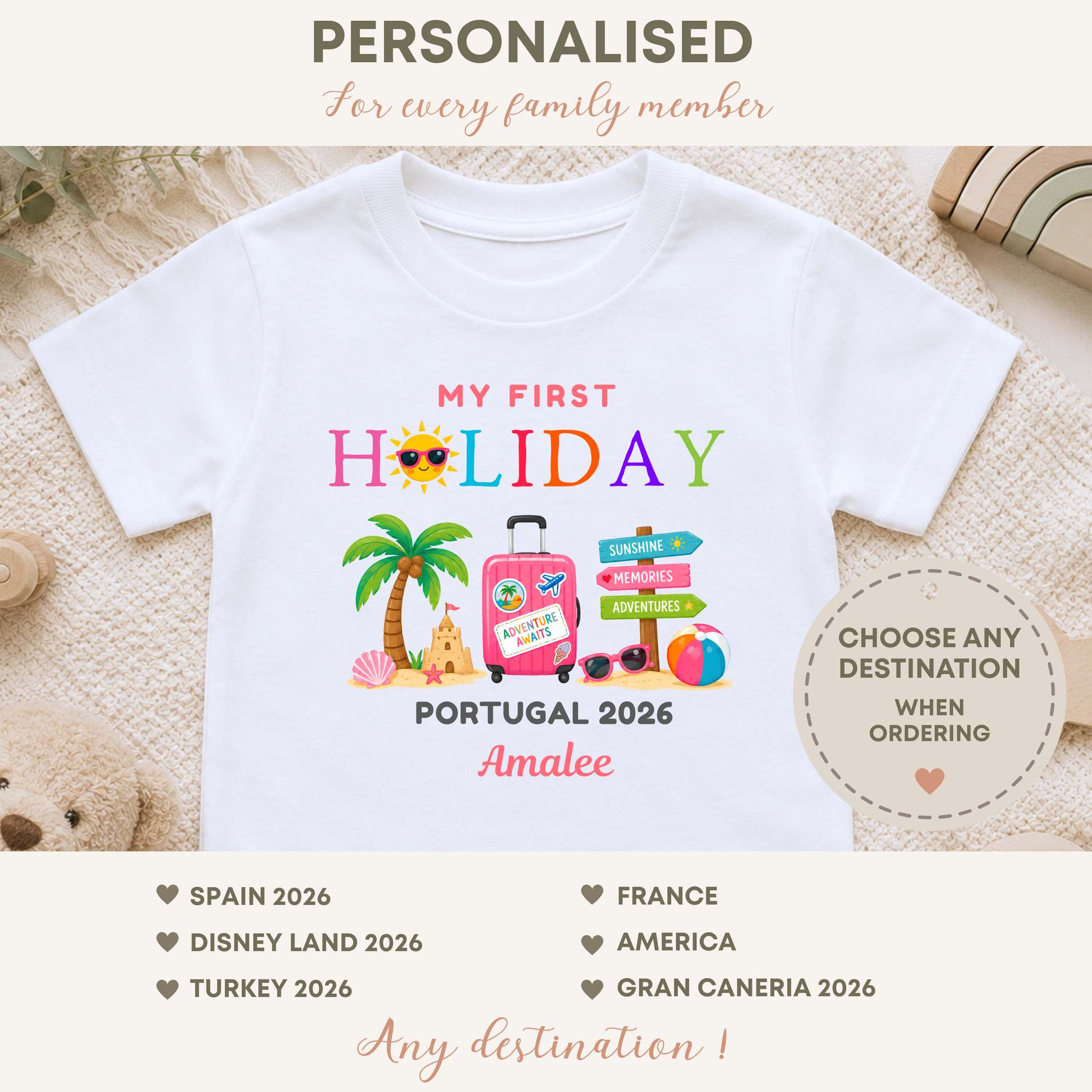 Personalised Family Holiday T-Shirt for Babies, Kids & Adults