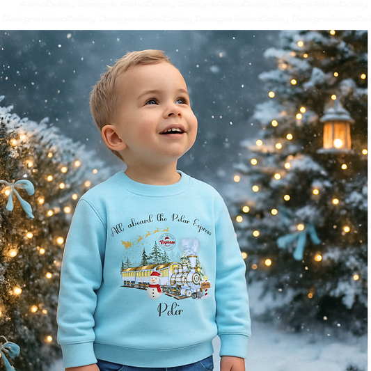 personalised christmas sweatshirt for boys featuring polar express festive design, soft cosy jumper customised with name, perfect Christmas gift outfit, Christmas jumper day