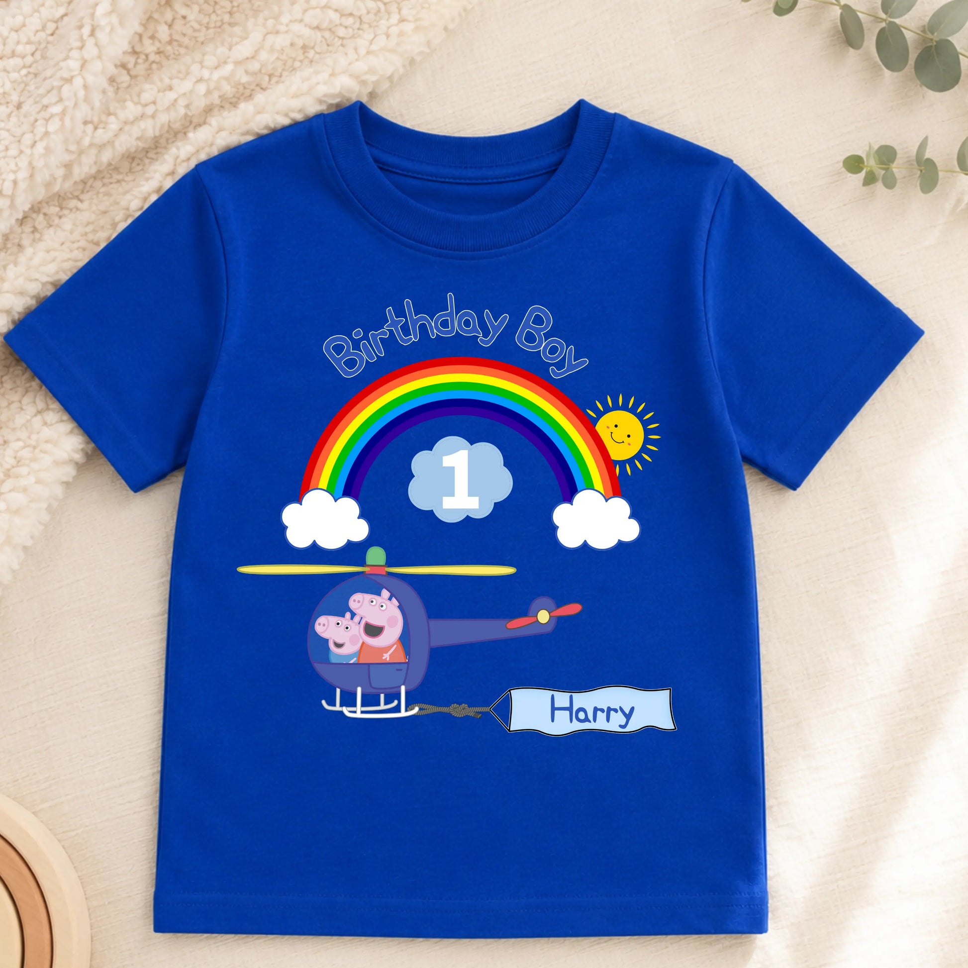 Personalised Peppa Pig and George birthday T-shirt for boys featuring a helicopter, rainbow, custom name Harry and age 1 birthday design.