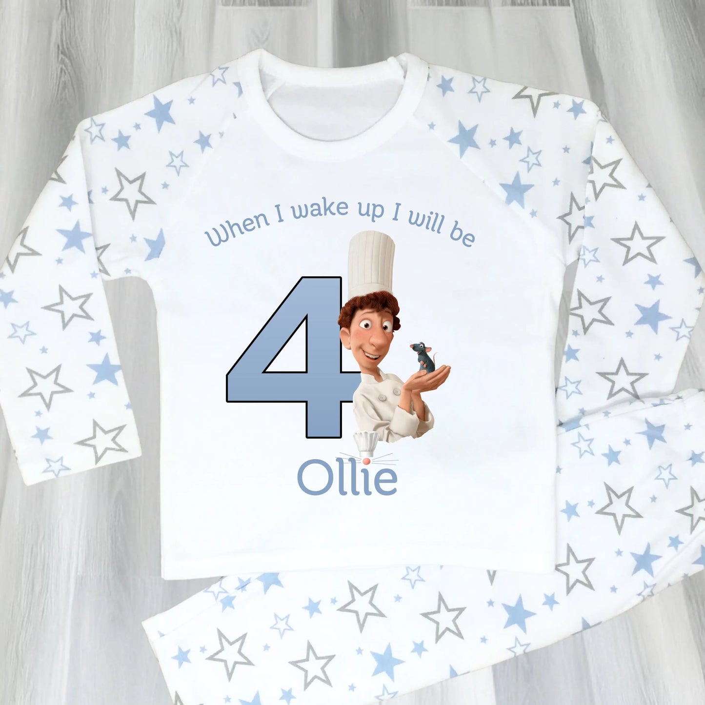 Ratatouille birthday pyjamas: Blue and white personalised birthday pyjamas with ratatouille character with name and age for boys