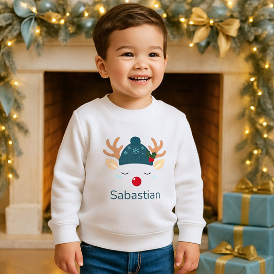 Boys Christmas Sweatshirt: Personalised boys Christmas sweatshirt with reindeer design and custom name print.