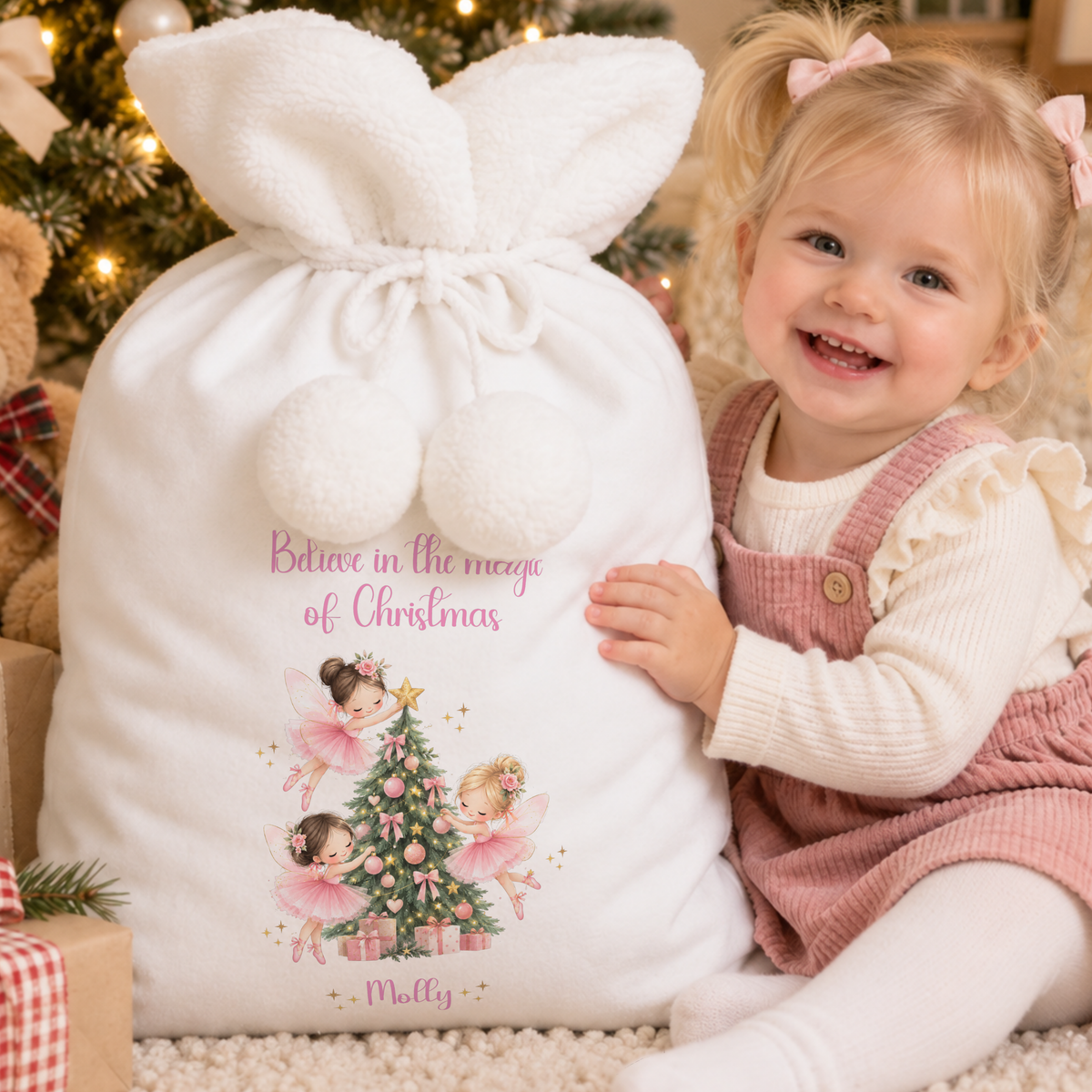 Personalised Christmas Stocking and Sack with pink Christmas fairies, festive tree and custom child’s name, available individually or as a matching set.