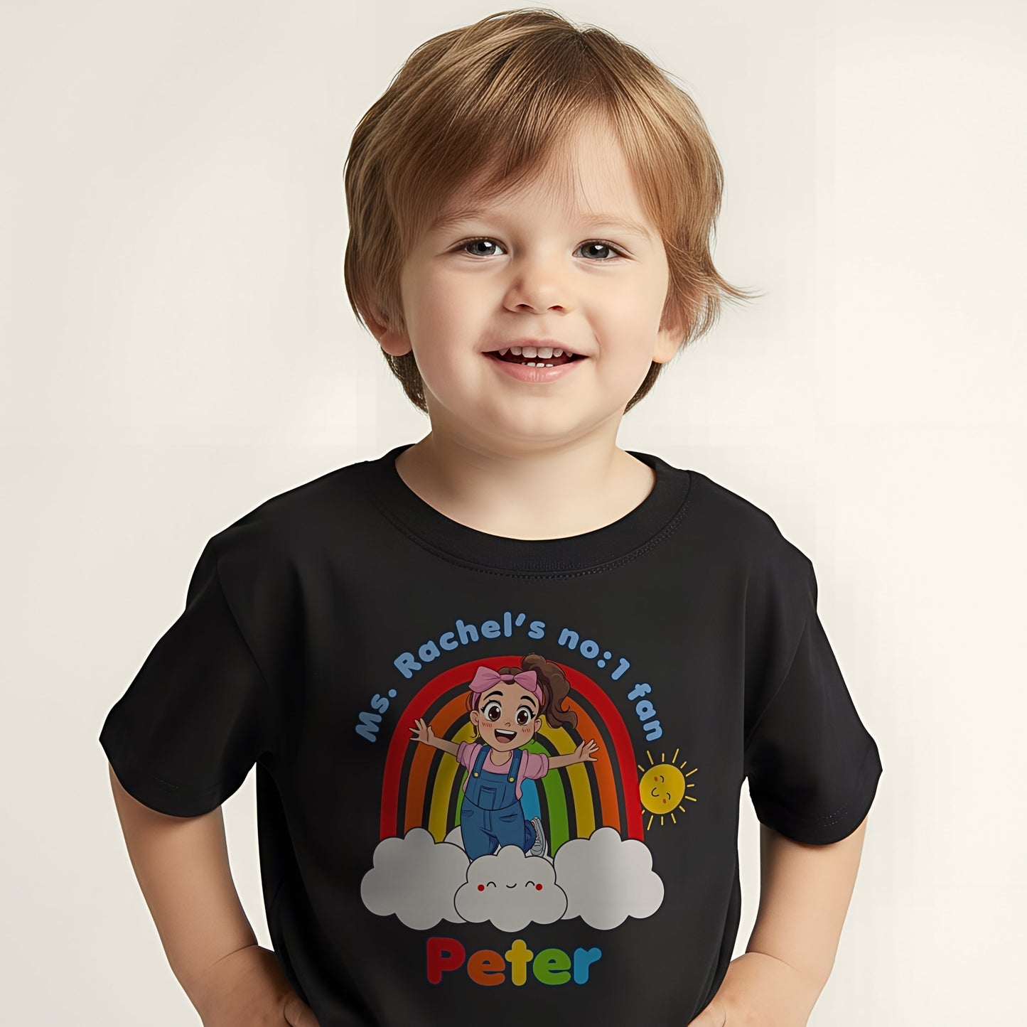 Boys personalised Ms Rachel T-shirt with rainbow and name printed on the front: Ms Rachel's no:1 fan