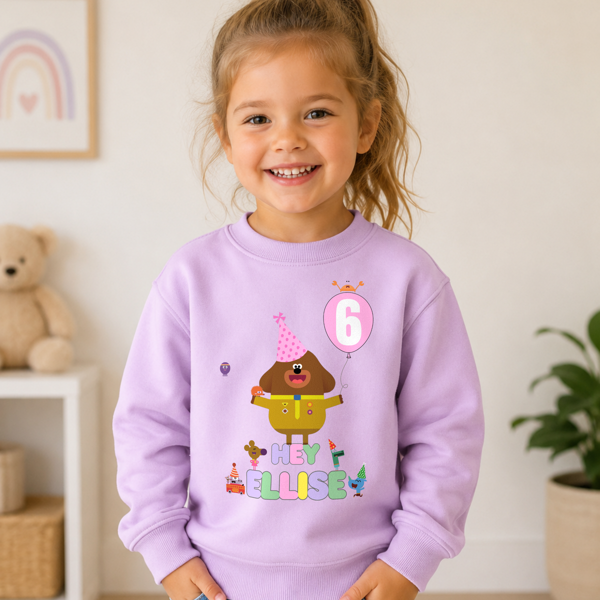 Girls Personalised Hey Duggee Birthday Sweatshirt - Girls Personalised Hey Duggee Pink Bday Jumper, Girls personalised hey duggee, dey duggee pink balloon, pink balloon birthday, hey duggee personalised birthday sweatshirt jumper