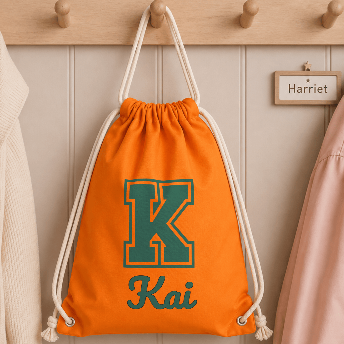 Personalised Varsity PE Drawstring Bag for Boys with custom initial and name, ideal for school, sports, swimming and gym kits.