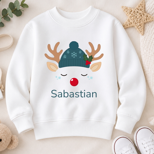 Boys Christmas Sweatshirt: Personalised boys Christmas sweatshirt with reindeer design and custom name print.