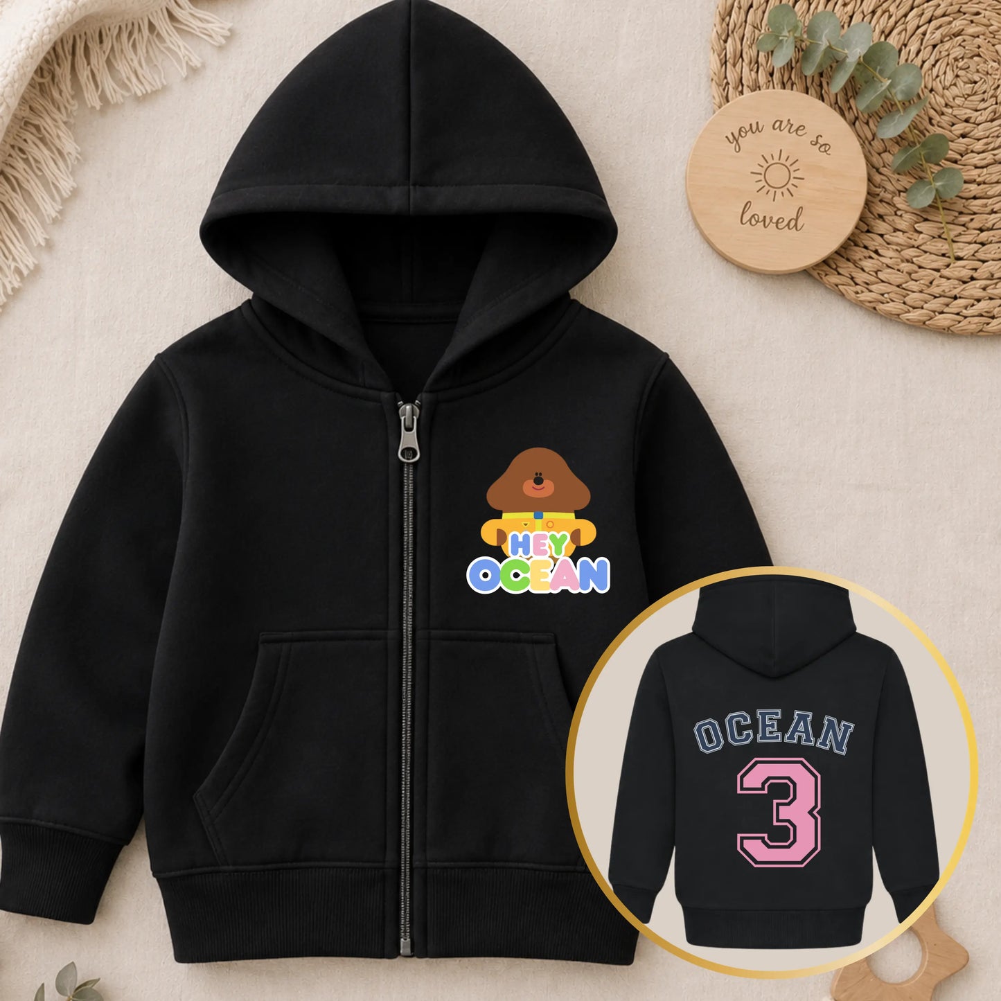 Personalised Hey Duggee Birthday Hoodie for Girls with Back Design AishaBaileyDesigns