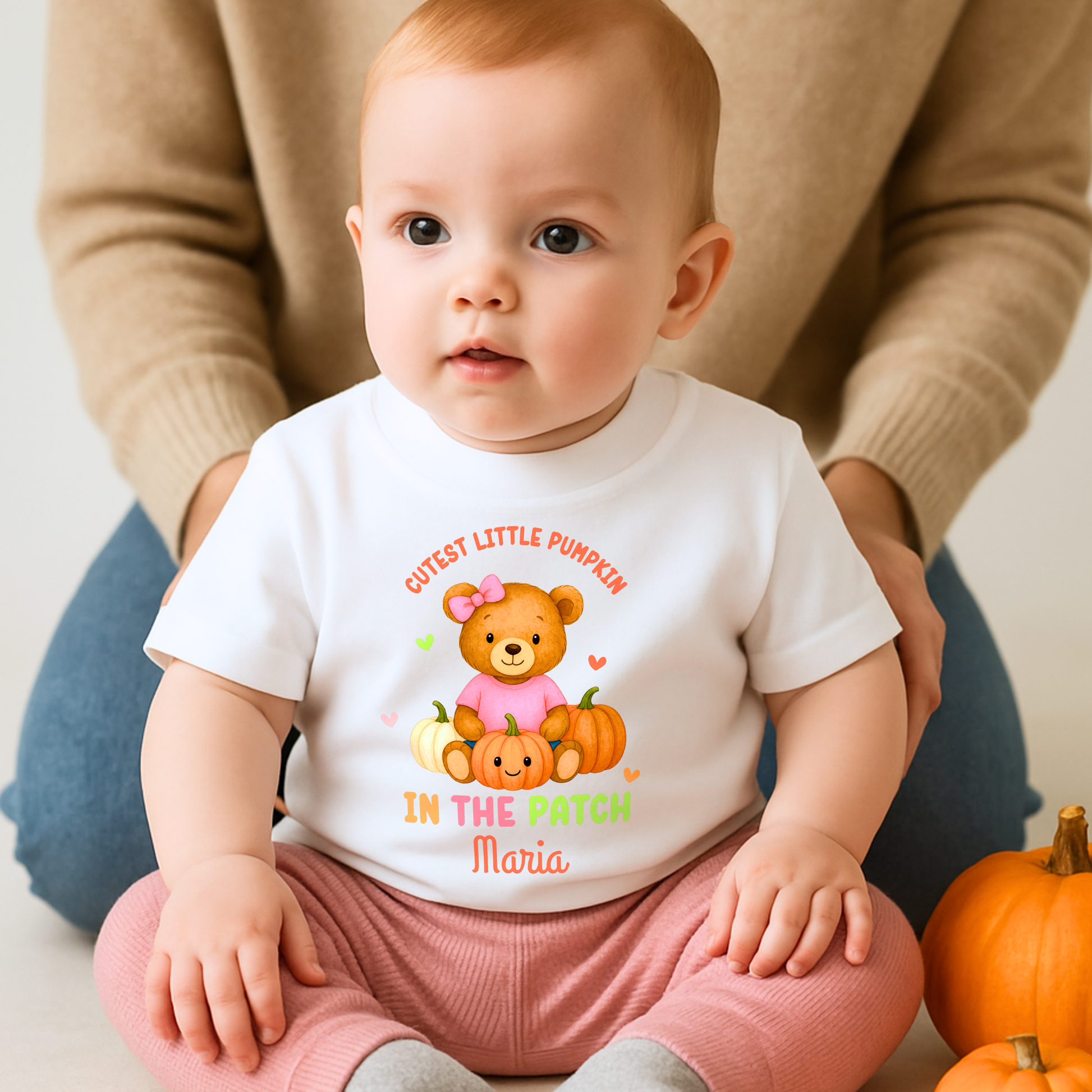 First Halloween Outfit: Personalised Halloween baby bib, romper, vest or t-shirt with teddy bear “Cutest Pumpkin in the Patch” design.