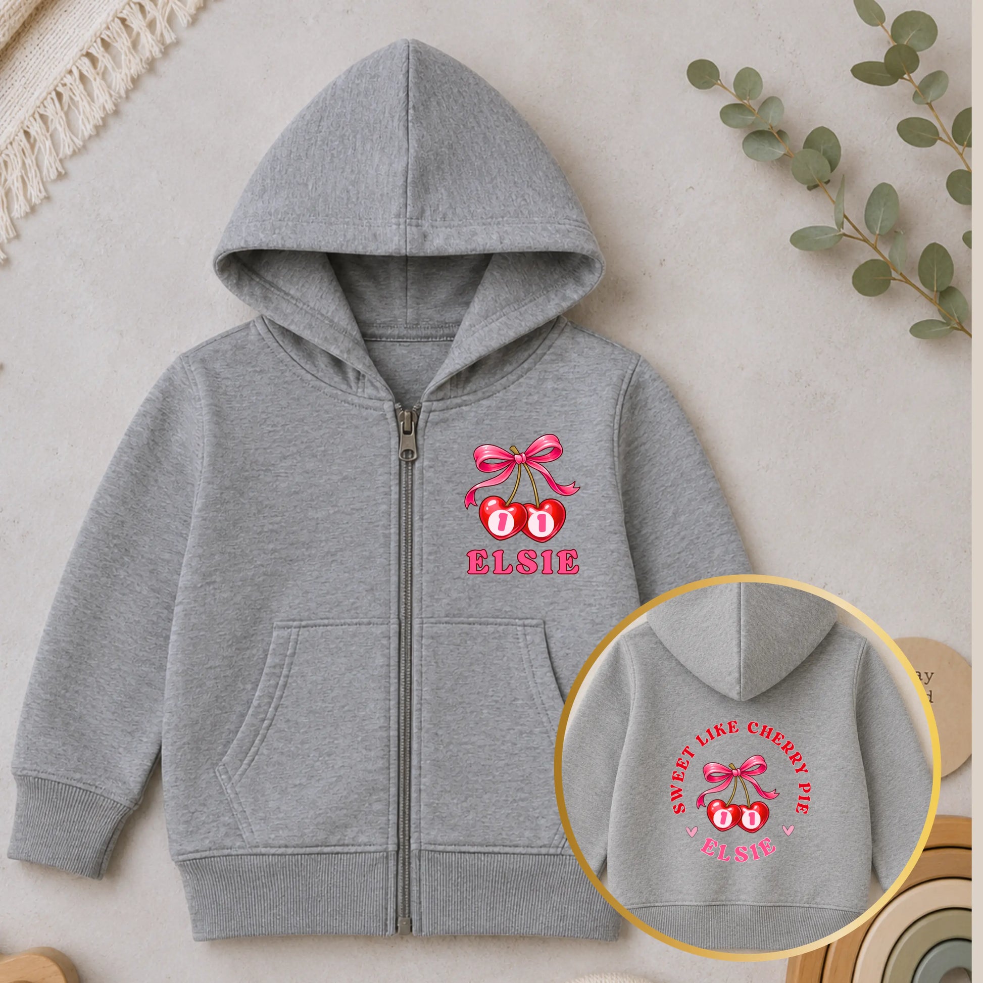 Personalised Girls Birthday Hoodie – Sweet Like Cherry Pie Zip Up Hoodie AishaBaileyDesigns