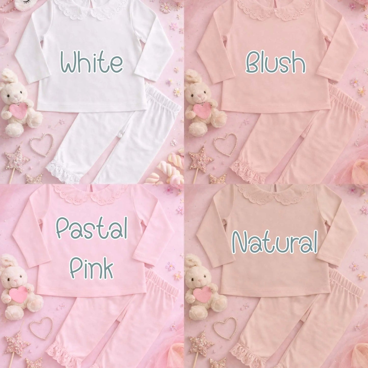 Farm Animal Birthday Pyjamas: Child wearing a white outfit with a Farm Animal Birthday Pyjamas for girls with personalised name, age balloon, cute farm animals, frilly collar and leg cuffs