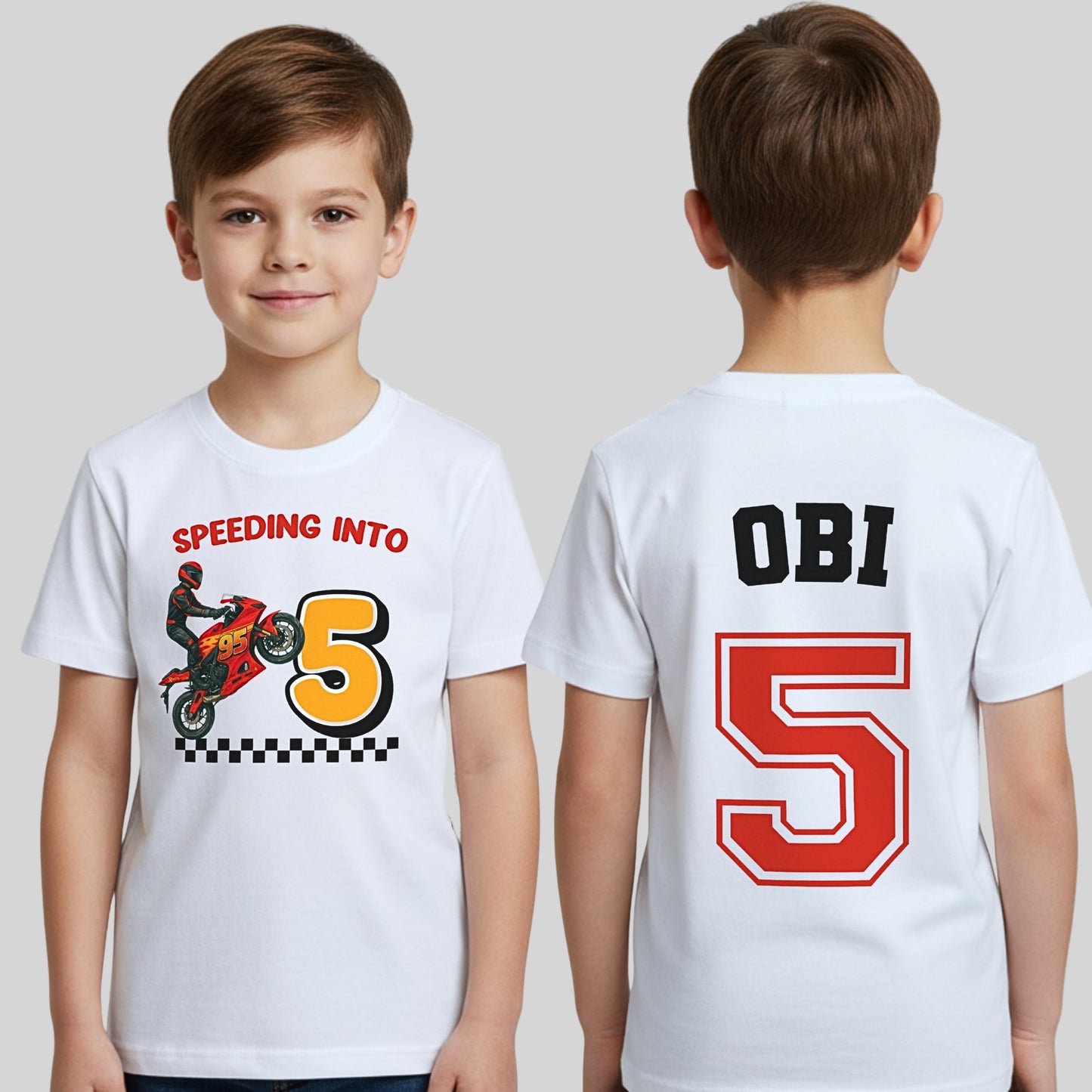 Personalised motorbike birthday T-shirt with custom name and age and Lightning-inspired design