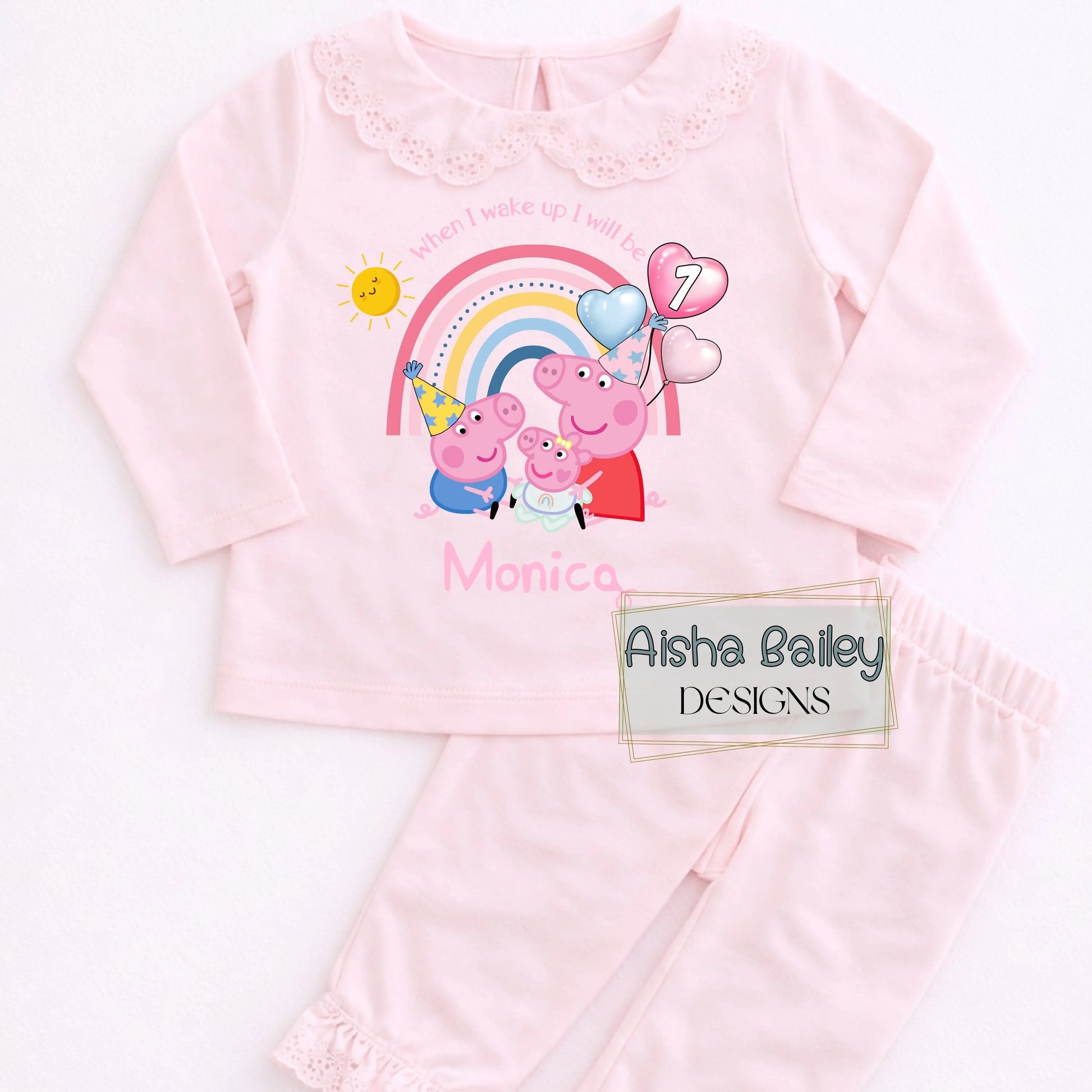 Girls Peppa Pig Frilly Birthday pyjamas with George and Evie with their custom name, Peppa Pig birthday gift
