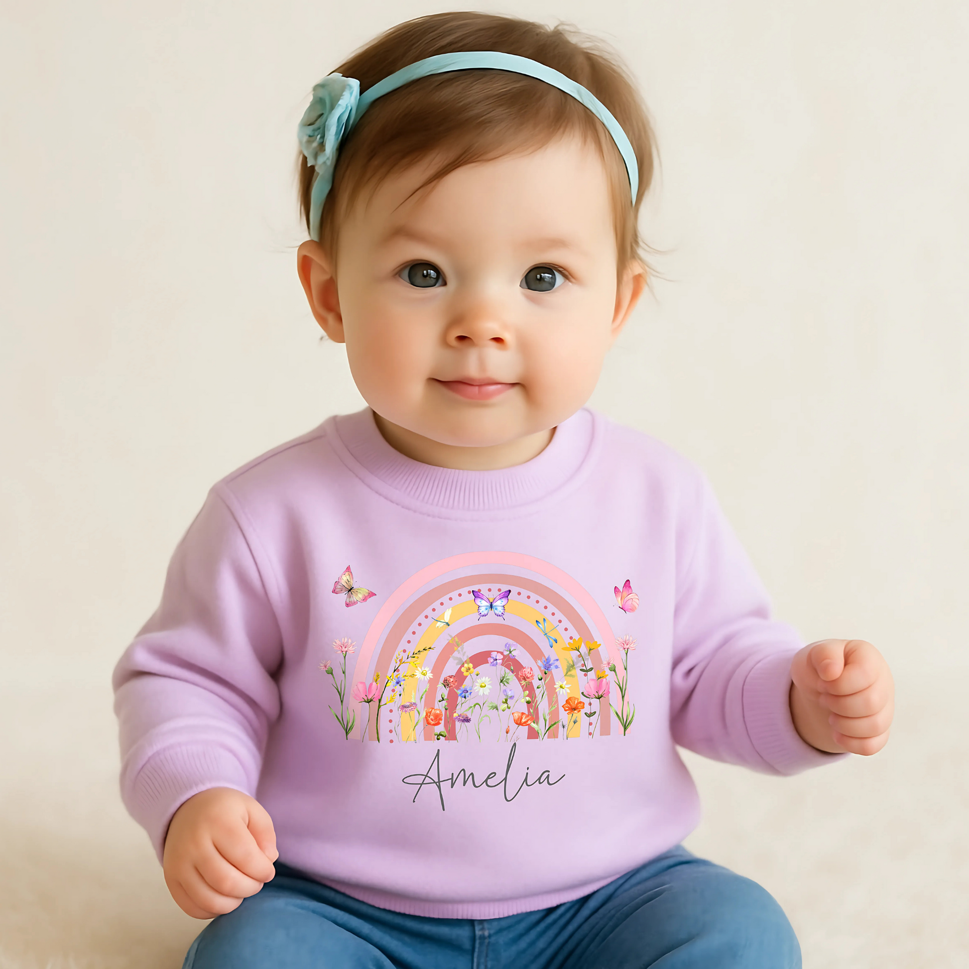girls personalised sweatshirt, custom name jumper, wildflower clothing for girls, wild flowers, boho jumper, boho rainbow sweatshirt, gift for flower girls