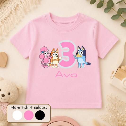 Girls Personalised Bluey Birthday T-shirt  - any name and age AishaBaileyDesigns