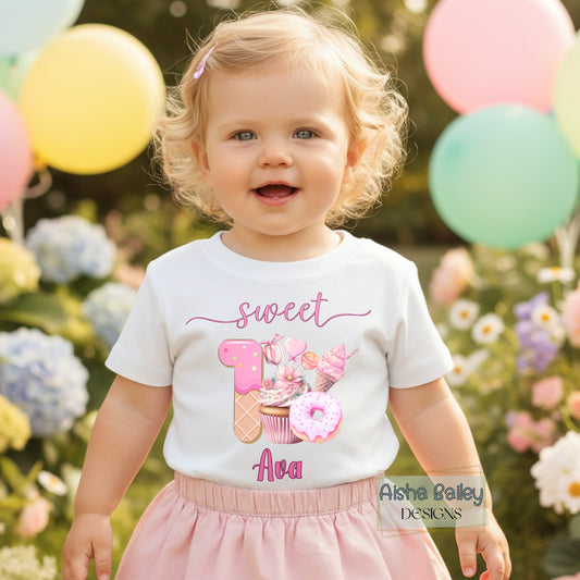 Personalised sweet one birthday t-shirt for baby girl with ice cream donut design and custom name