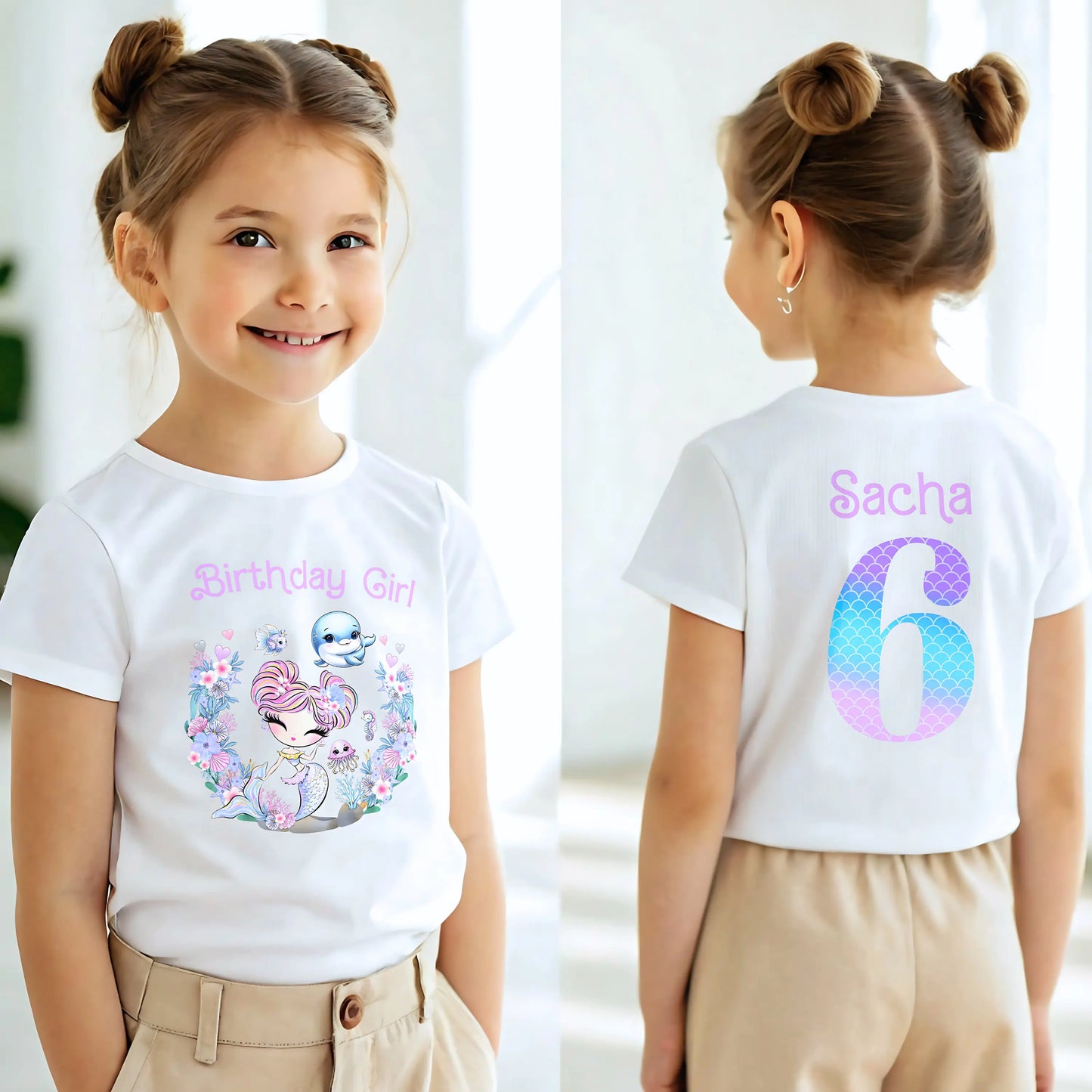 Personalised Mermaid Birthday T-shirt for Girls with Front and Back Design AishaBaileyDesigns