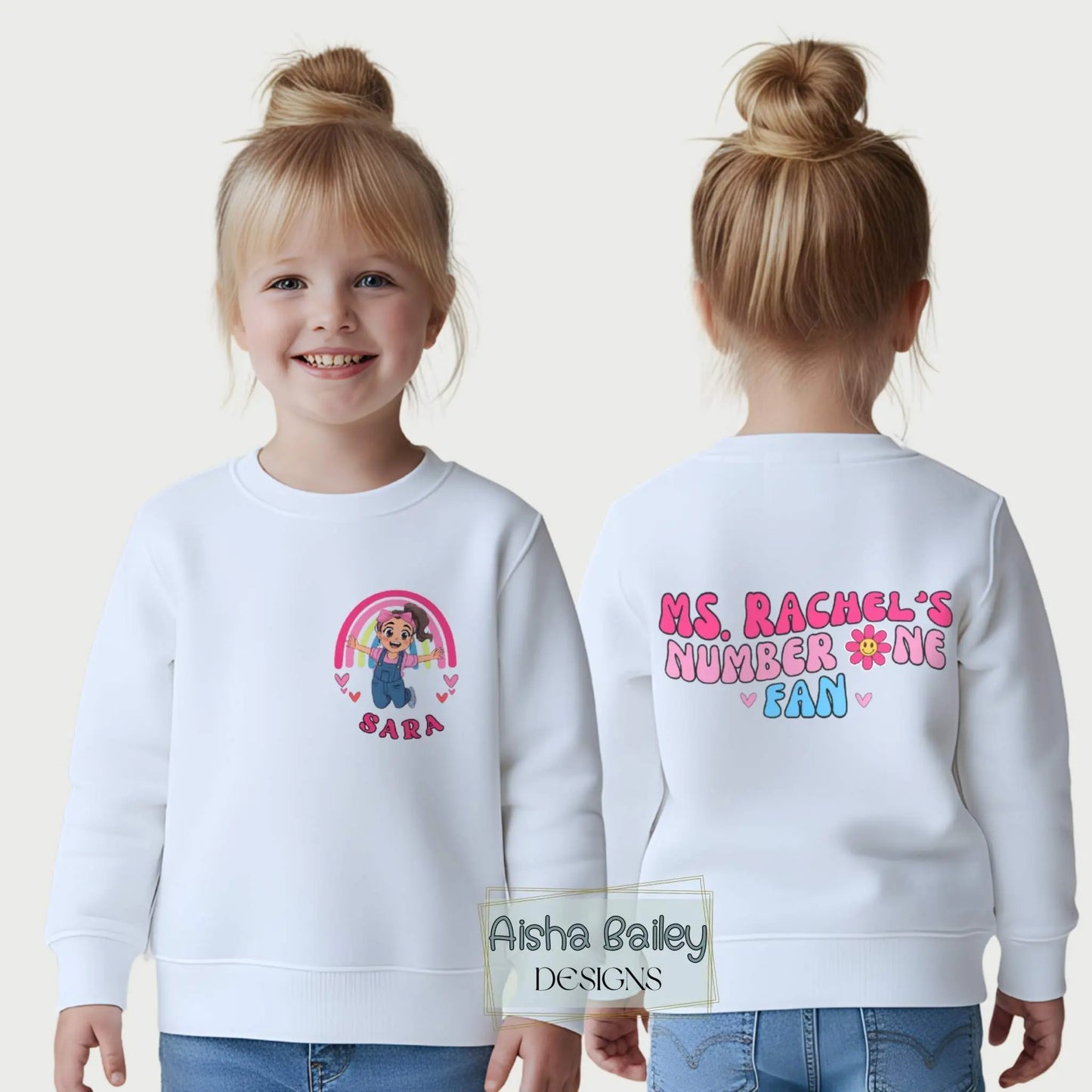 Personalised Ms Rachel Sweatshirt Number One Fan Sweatshirt for girls with custom name and back print in pastel colours