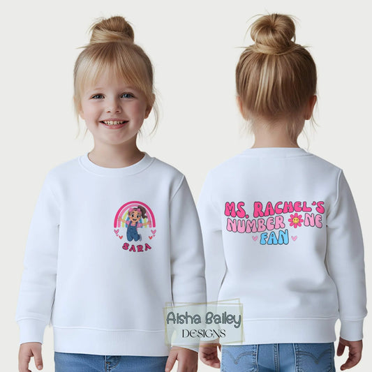 Personalised Ms Rachel Sweatshirt Number One Fan Sweatshirt for girls with custom name and back print in pastel colours