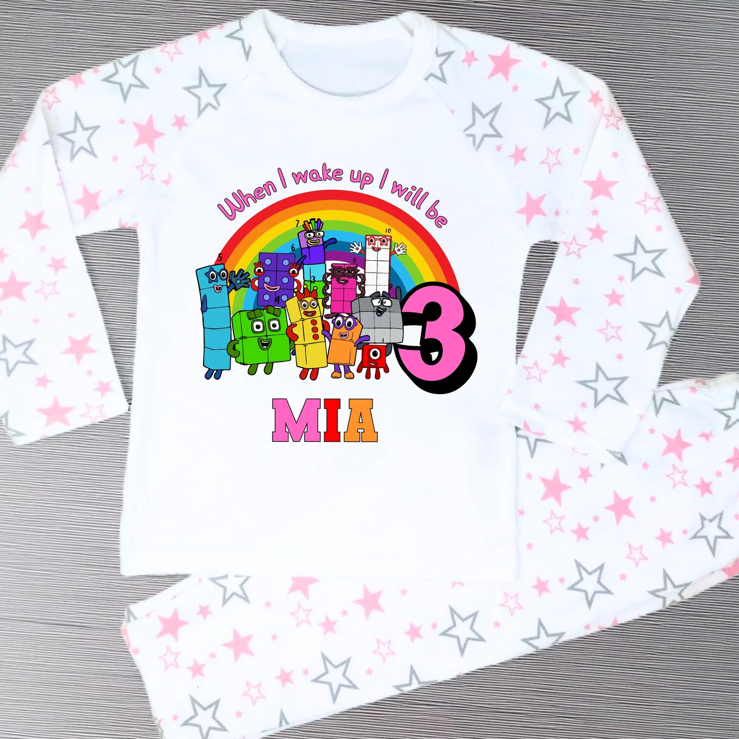 Numberblocks birthday pyjamas for girls personalised with name and age
Personalised girls birthday eve pyjamas featuring Numberblocks characters
Milestone birthday pyjama set with custom name and age
