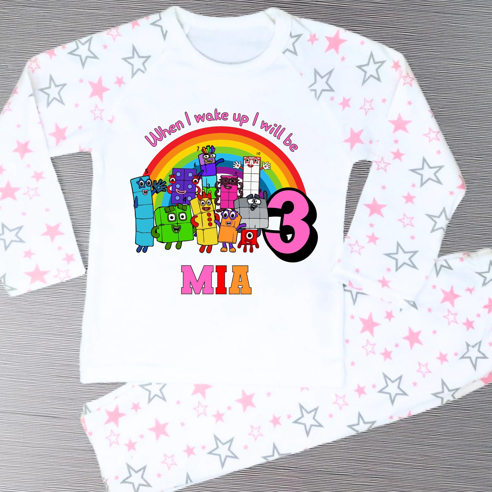 Numberblocks birthday pyjamas for girls personalised with name and age
Personalised girls birthday eve pyjamas featuring Numberblocks characters
Milestone birthday pyjama set with custom name and age