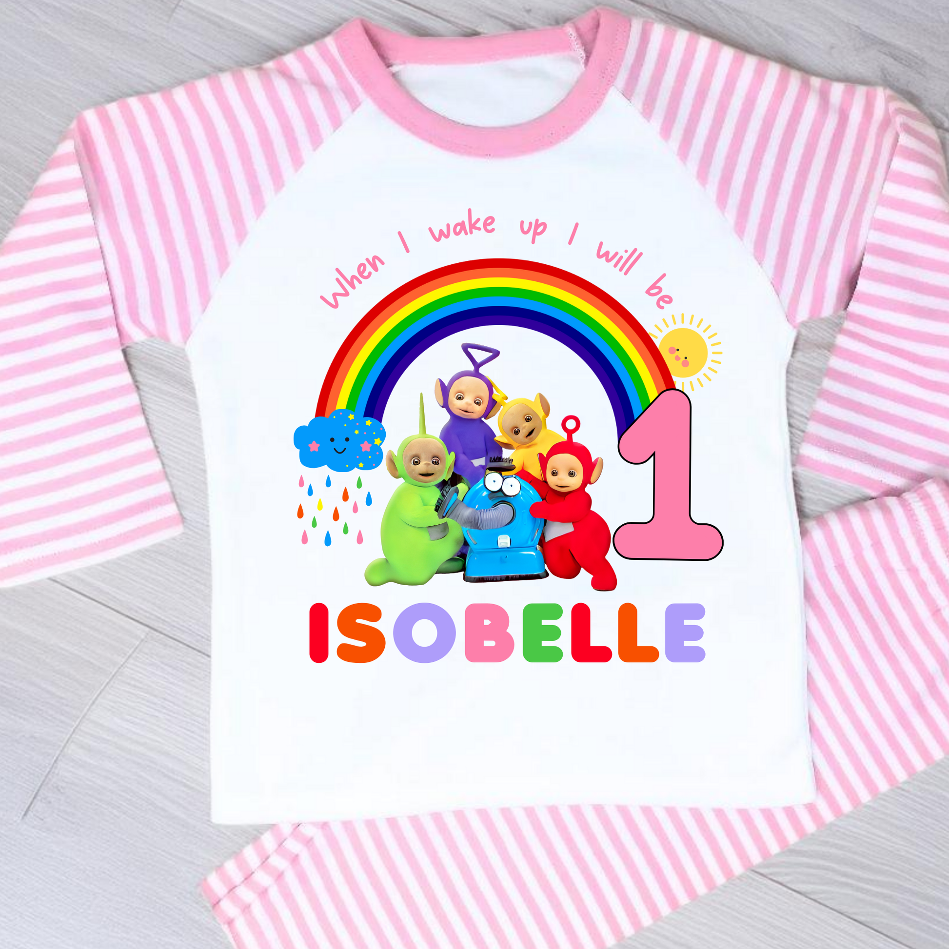 Teletubbies birthday pyjamas, when i wake up Teletubbies, teletubbies with name, custom pyjamas teletubbies, WhenI Wake up Teletubbies