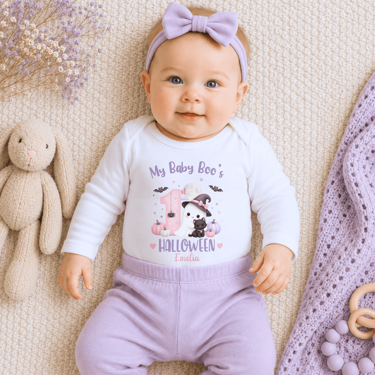 Personalised First Halloween Baby Outfit for girls with Baby Boo ghost, black cat, pumpkins and pink and lilac 1st Halloween design