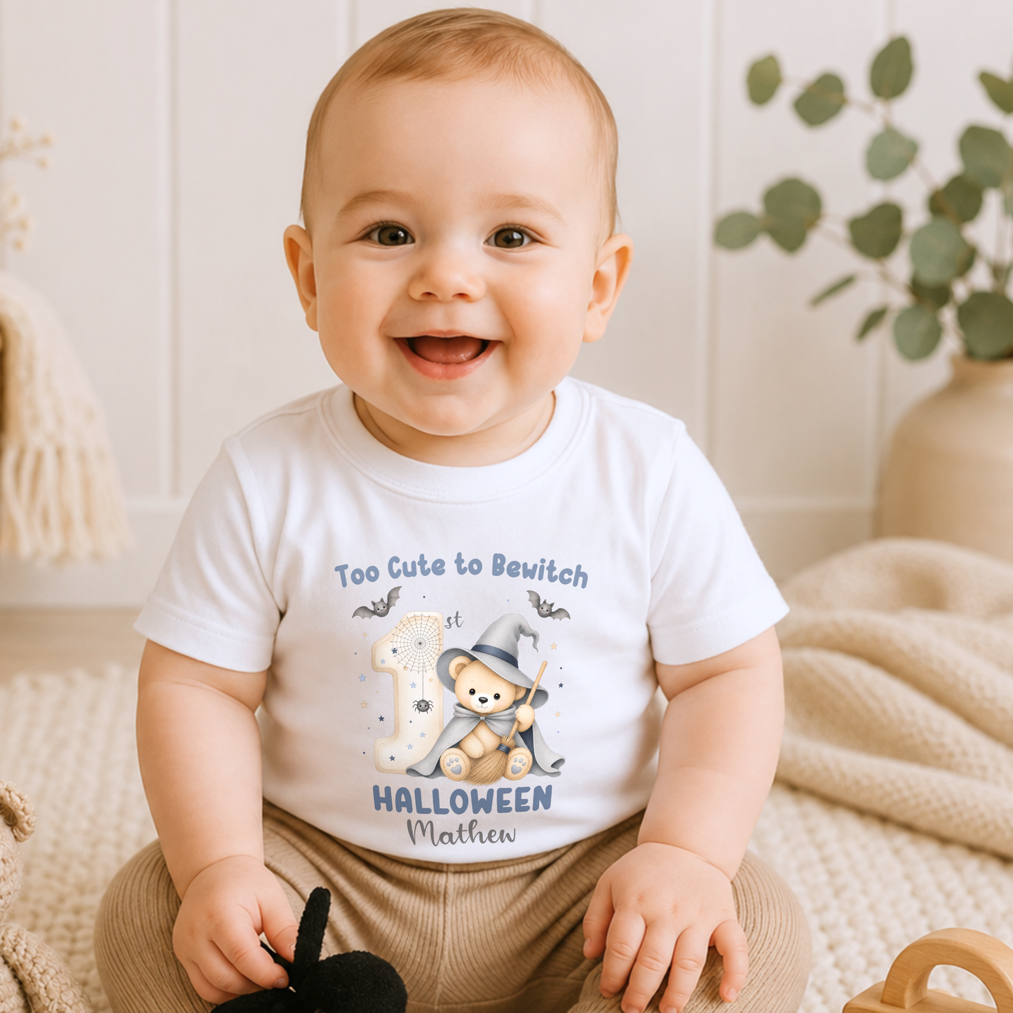 Personalised First Halloween Baby Outfit: Baby’s First Halloween personalised baby boy bodysuit with name, teddy bear witch, bats and first Halloween design.