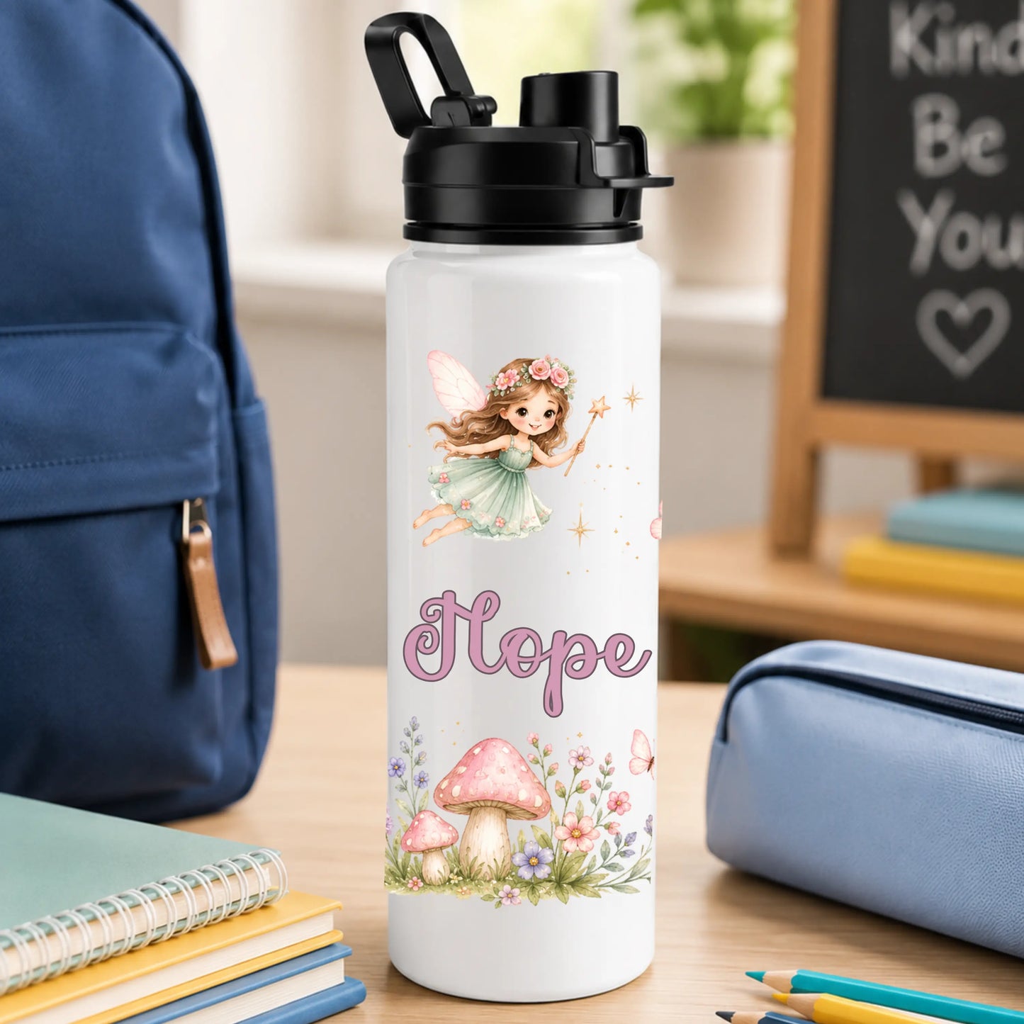 Personalised Back to School Water Bottle for Girls | Custom Kids Fairy Water Bottle AishaBaileyDesigns